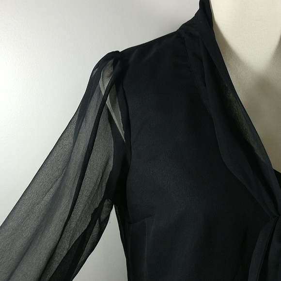 Top: NEW Sheer Long Sleeve Lined Blouse w Bow - Picture 4 of 7